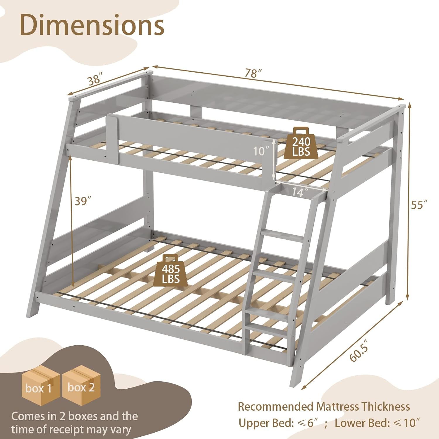 KOMFOTT Twin Over Full Convertible Bunk Bed with Reversible Ladder, Solid Wood Frame, Slats Support & Guardrails, No Box Spring Needed (Grey)