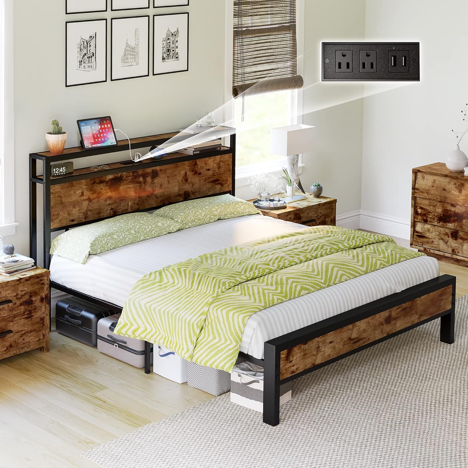 Queen Size Bed Frame, Platform Bed Frame with 2-Tier Storage Headboard and Charging Station/No Box Spring Needed/Noise Free/Industrial/Rustic Brown