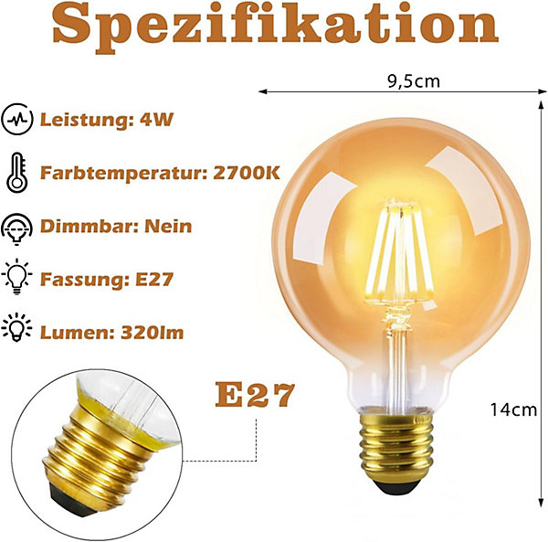 NETTLIFE Pack de 6 ampoules LED E27 lampe vintage - ampoules à filament blanc chaud G95 2700K 4W