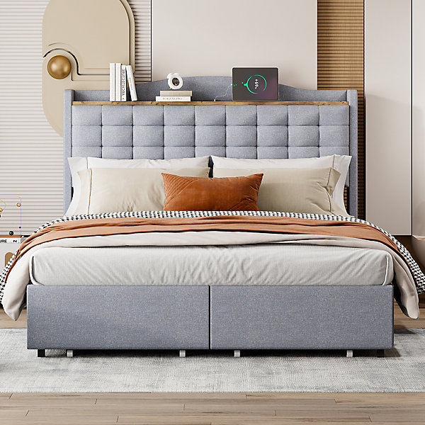 Lit avec Rangement 140x200 cm - Lit Double avec Port USB, Table de Chevet avec 4 Tiroirs, Sans Matelas, Lin, Gris Clair