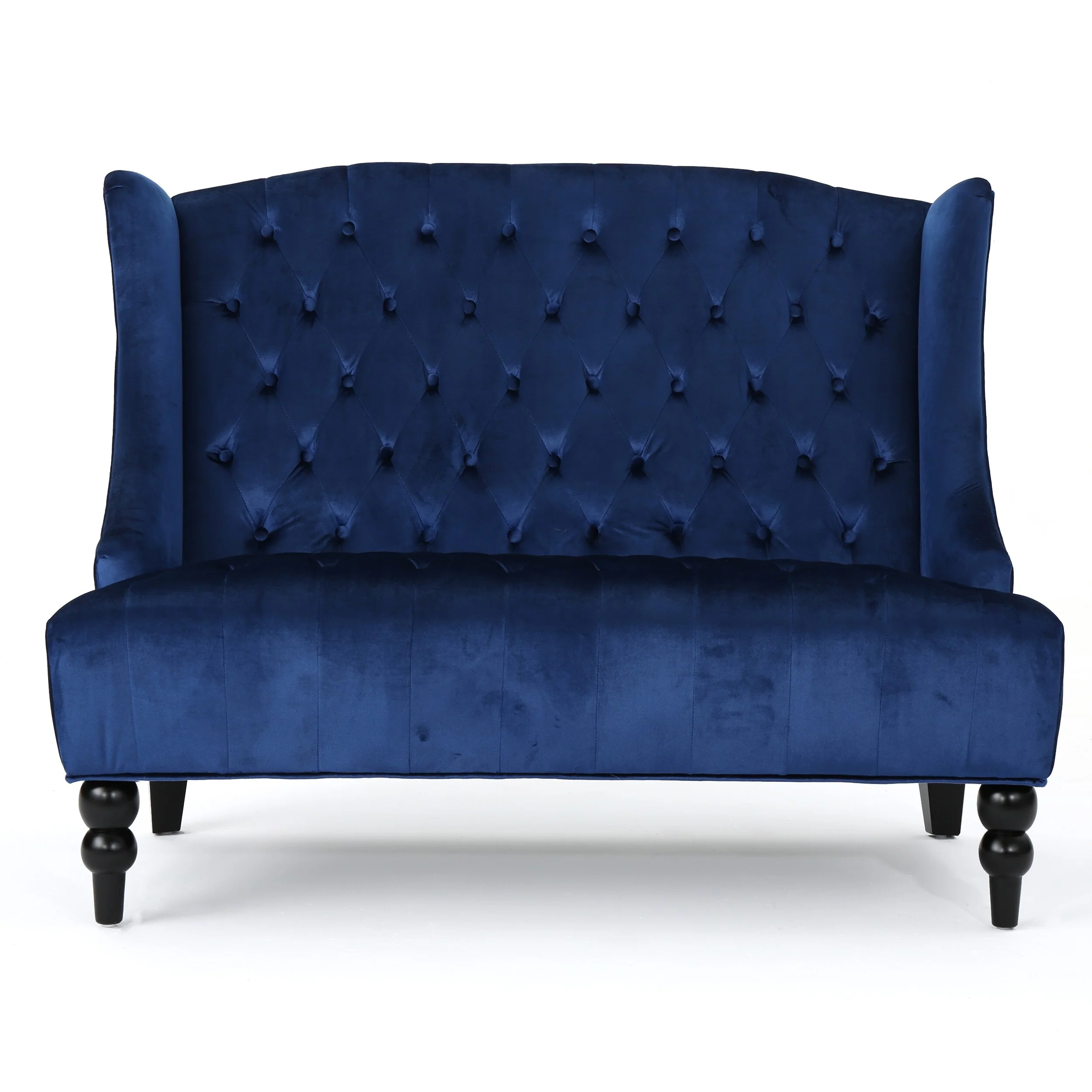 Navy Blue 50.25 Velvet Button Tufted High Wingback Loveseat Sofa with Wood Legs for Living Room