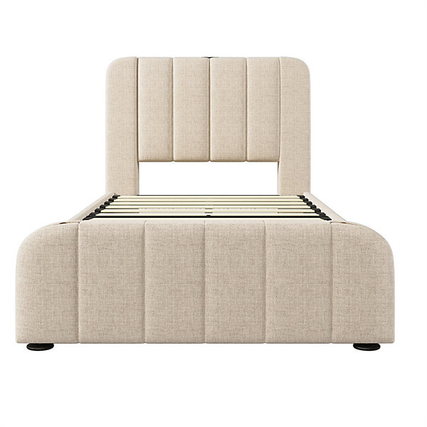 Lit rembourré 90 x 200 cm, lit simple avec 4 tiroirs, tête de lit avec fonction de recharge USB Type-C, lin, beige, sans matelas