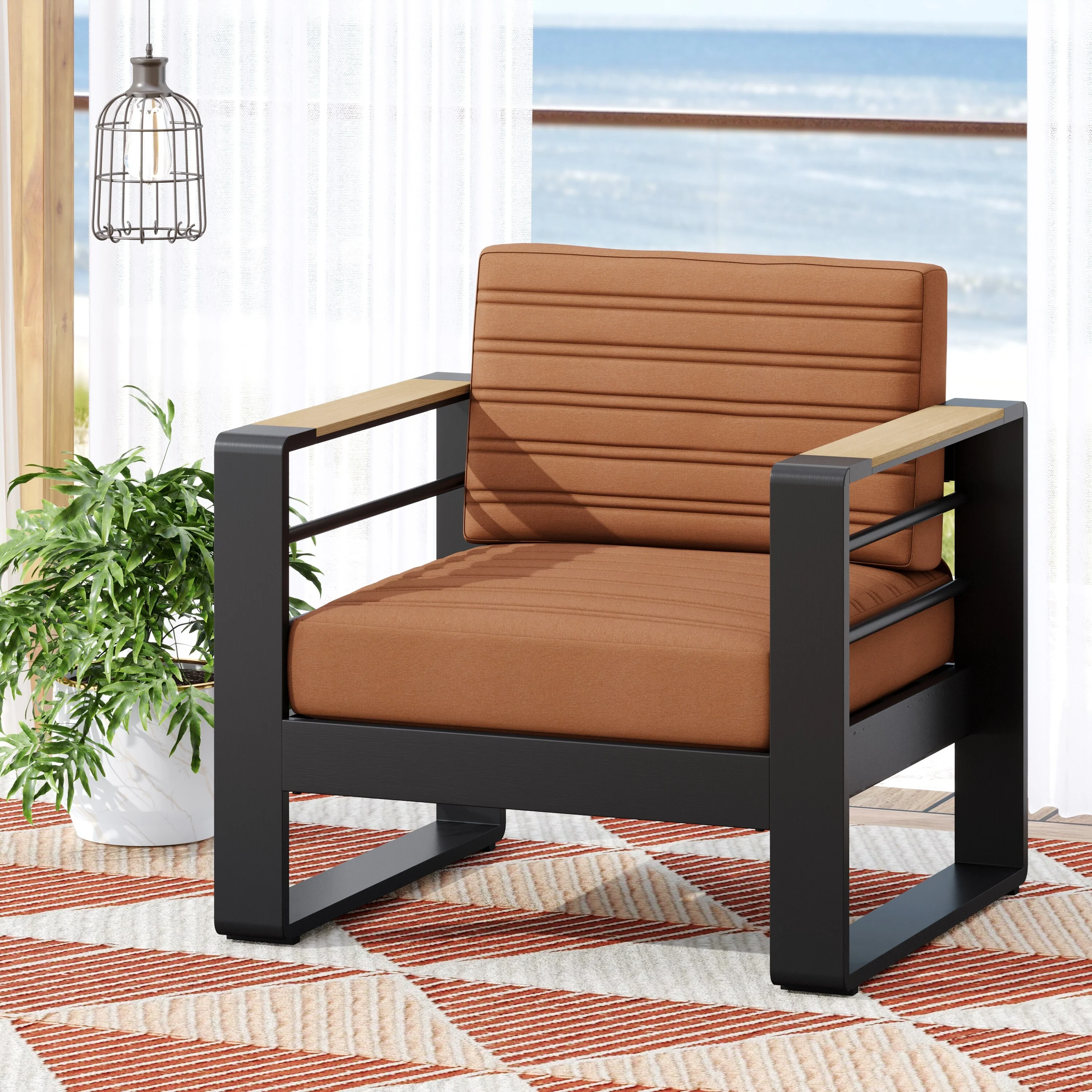 Roomfitters Modern Outdoor Club Chair with Slatted Metal Frame, Weather-Resistant Cushions and Wooden Armrests