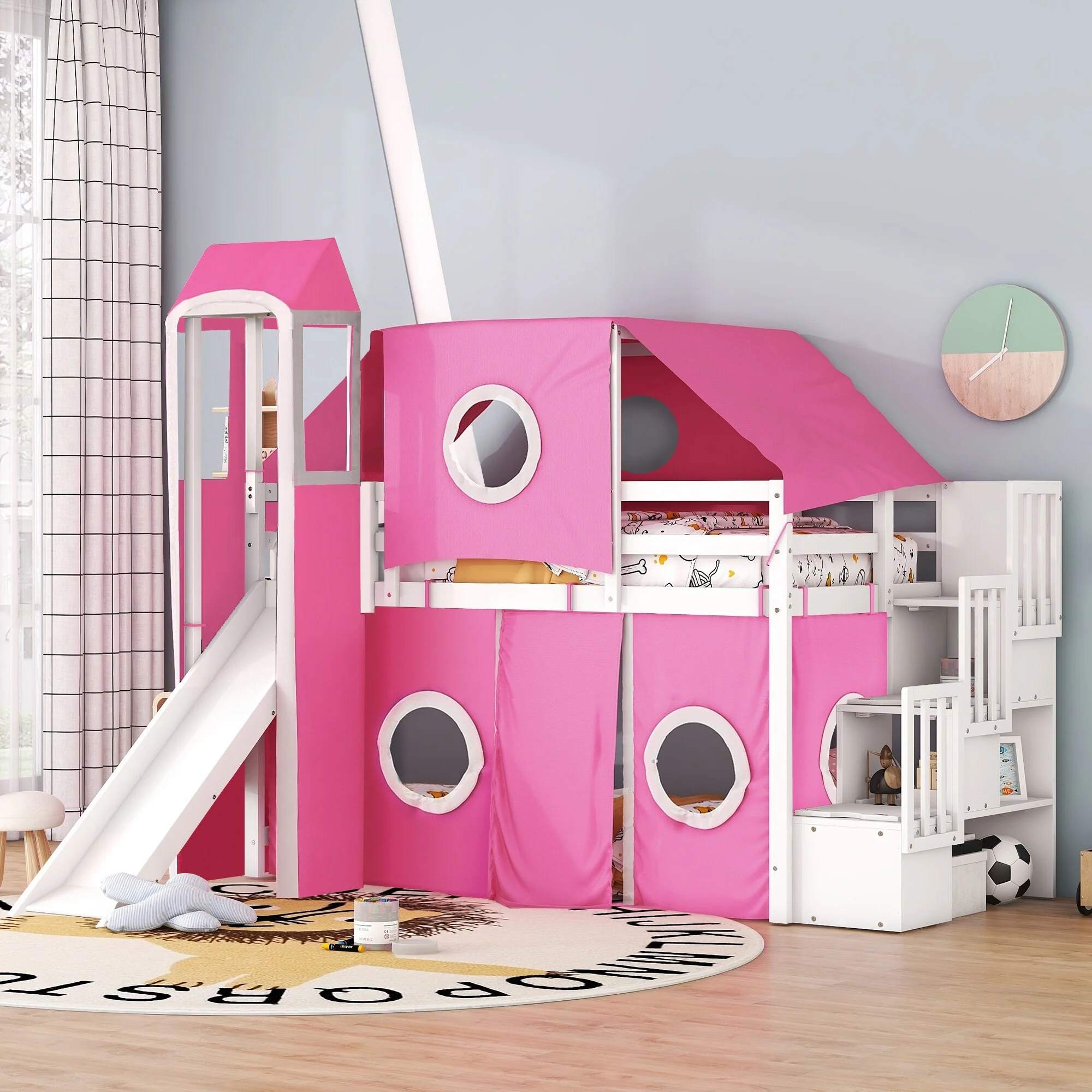 Roomfitters Twin Size Loft Bed with Slide, Tent Canopy and Decorative Tower, Playful Sleep Space