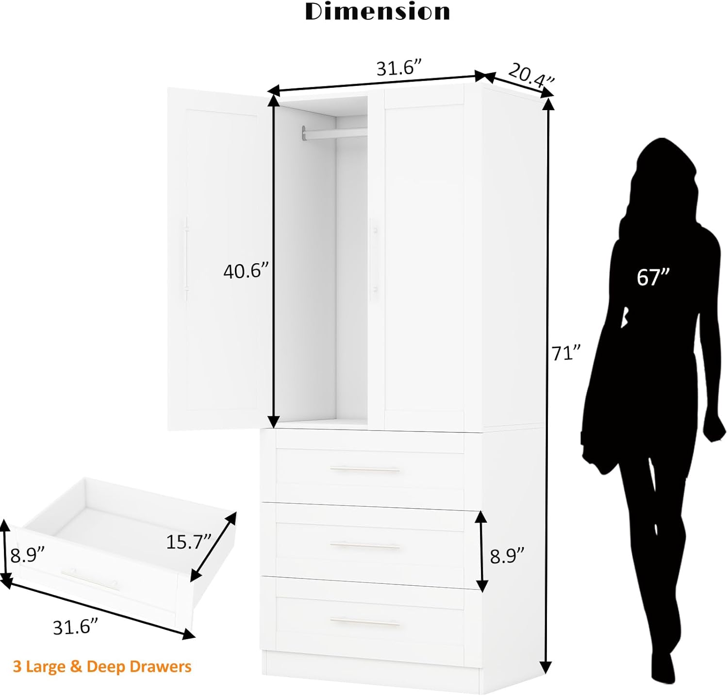 Armoire Wardrobe Closet with 3 Deep Drawers and Doors 71 Clothing Storage Cabinet with Hanging Rod Wooden Wardrobe Cabinet for Bedroom, Large Capacity Storage White