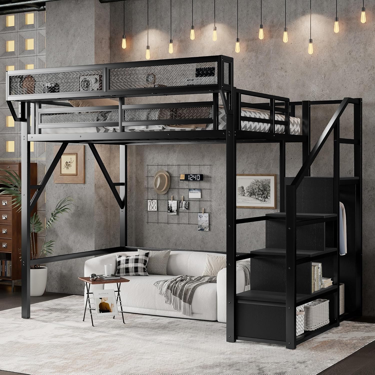 KEIKI Full Size Metal Loft Bed Frame with Convertible Staircase, Built-in Storage Shelves and Wardrobe, Loft Bed with Solid Slats, Guardrail, No Box Spring Required, Easy Assembly, for Bedroom, Black