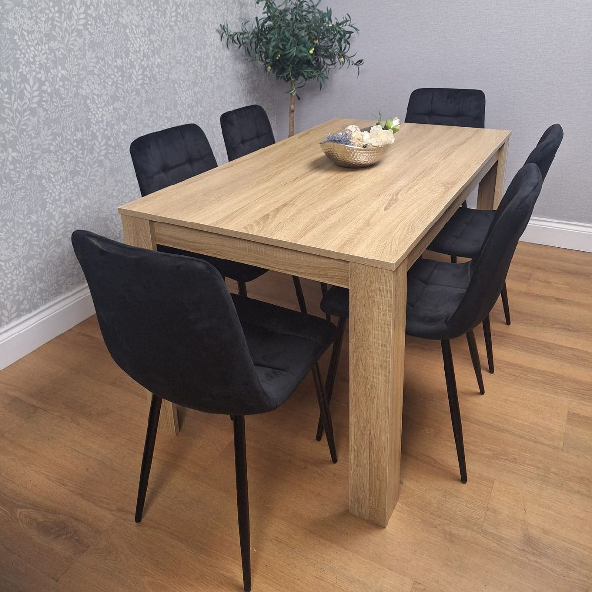 KOSY KOALA Oak Effect Dining Table Set With 6 Black Velvet Chairs Dining Room Furniture