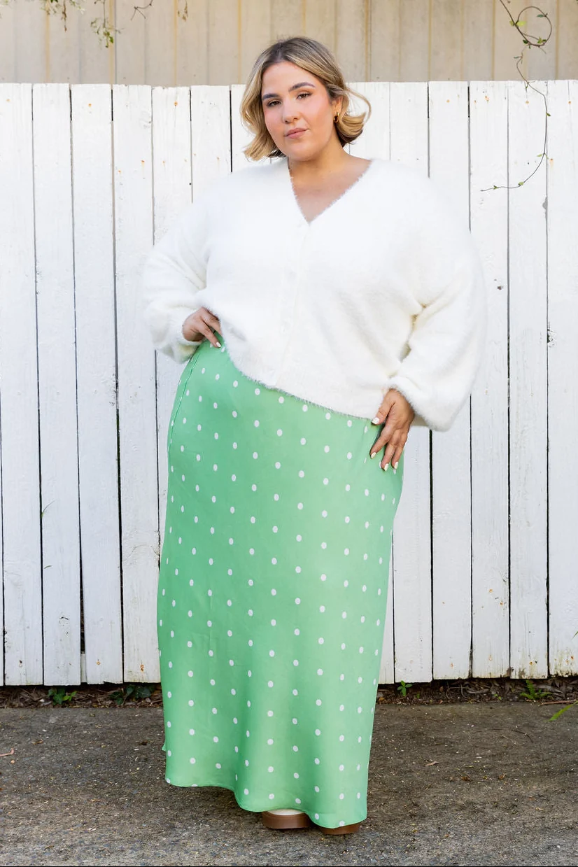 Livy Bias Skirt in Matcha/Cream Polka Dot
