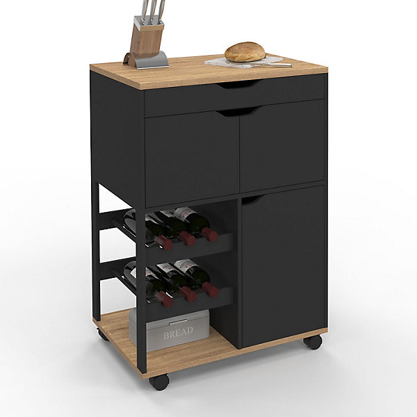 Desserte de cuisine COSY avec placards et range bouteilles bois et noir