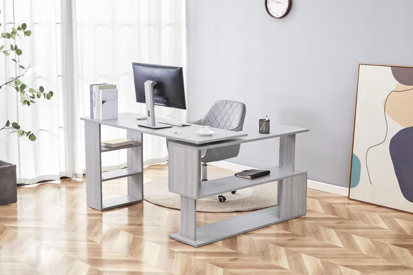 KOSY KOALA Grey Office Desk L-shaped with Grey Velvet Upholstered Chair Wooden Room Furniture