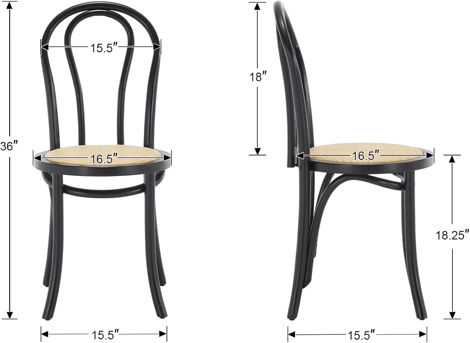 Solid Wood Dining Chairs Set of 2 Mid-Century Modern Rattan Kitchen Room Chairs with Backrest Bentwood Side/Desk Chairs for Dining/Living Room,Home, Black Wood