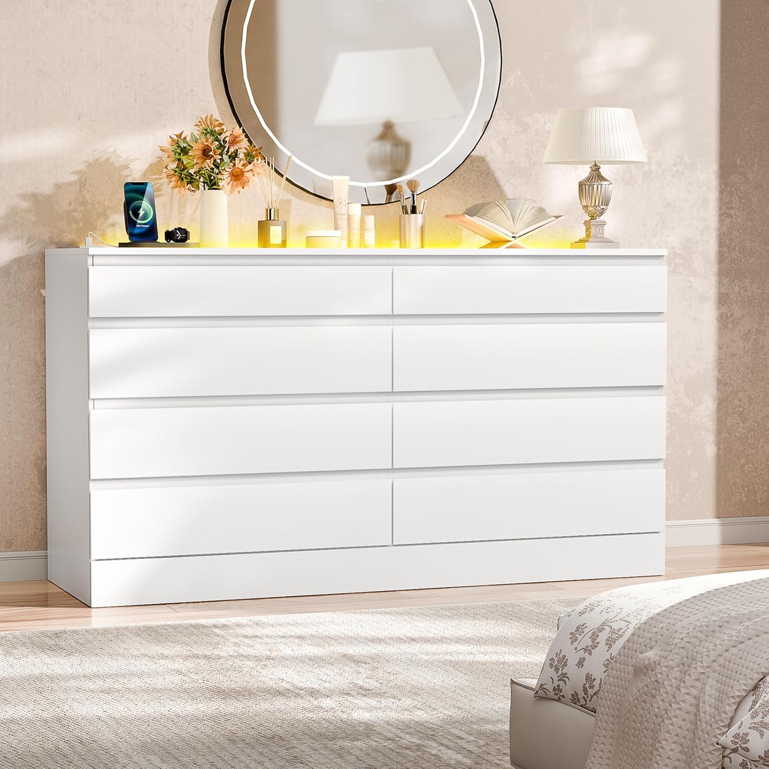 8 Drawer Dresser with Power Outlet, Modern Chest of Drawers with LED Light & Glass Top, Wood Double Dresser TV Stand with Organizer Storage for Bedroom, Living Room, Closet (White)