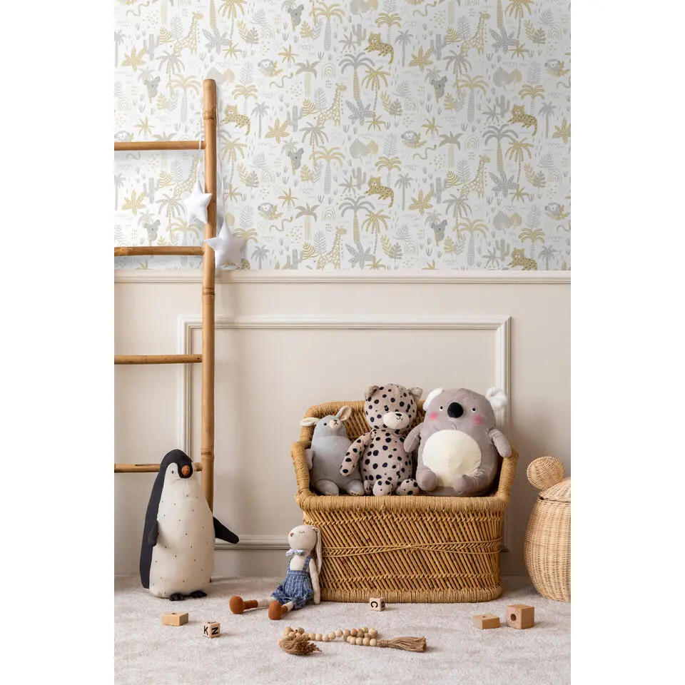 Sanders & Sanders behang jungle dieren okergeel, grijs en beige - 53 cm x 10 m