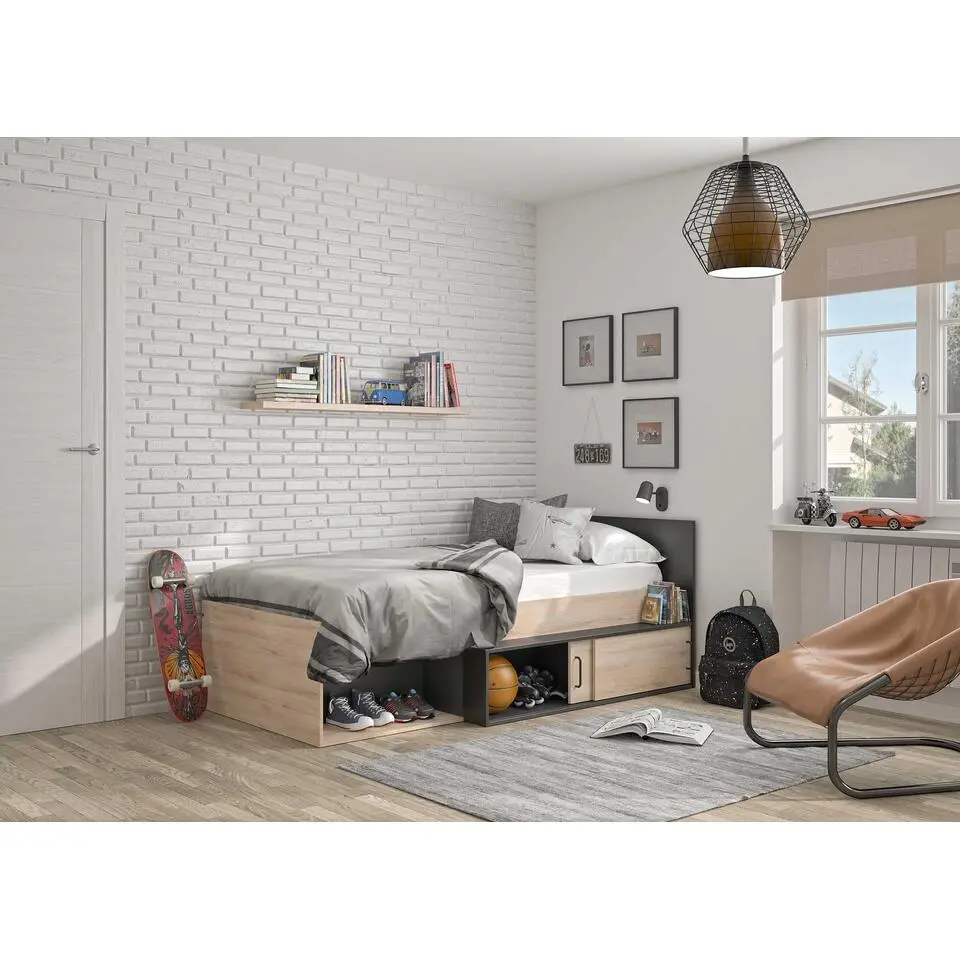 Diagone Bed Erquy - Opbergvakken - 90x200cm - Zwart/Eikenkleur