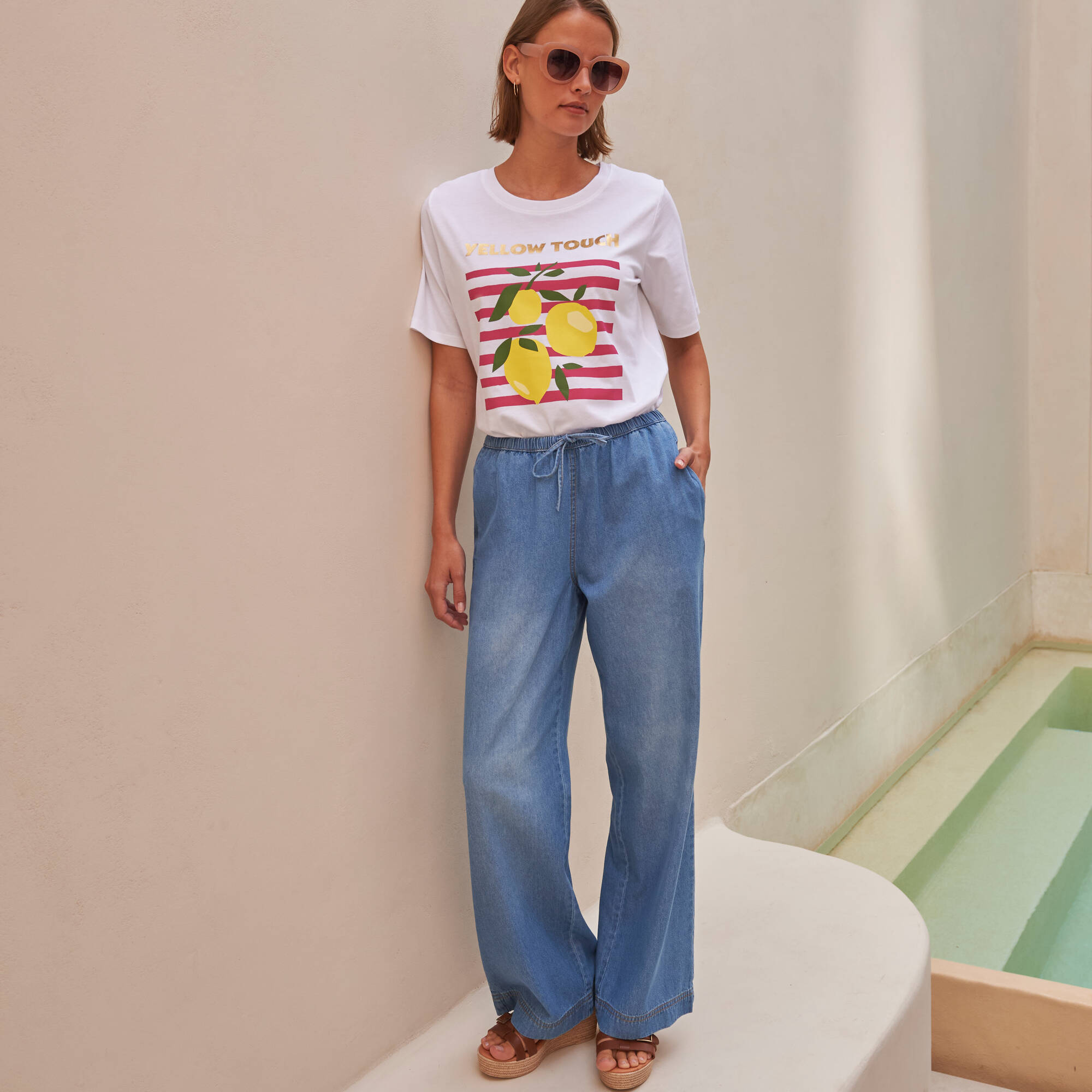 Jean large taille élastiquée, denim léger