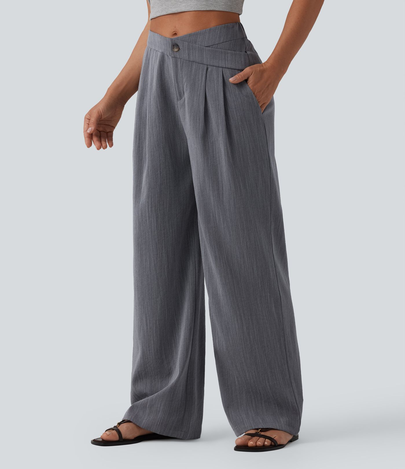Pantalon baggy casual plissé asymétrique taille mi-haute, aspect lin, avec poches