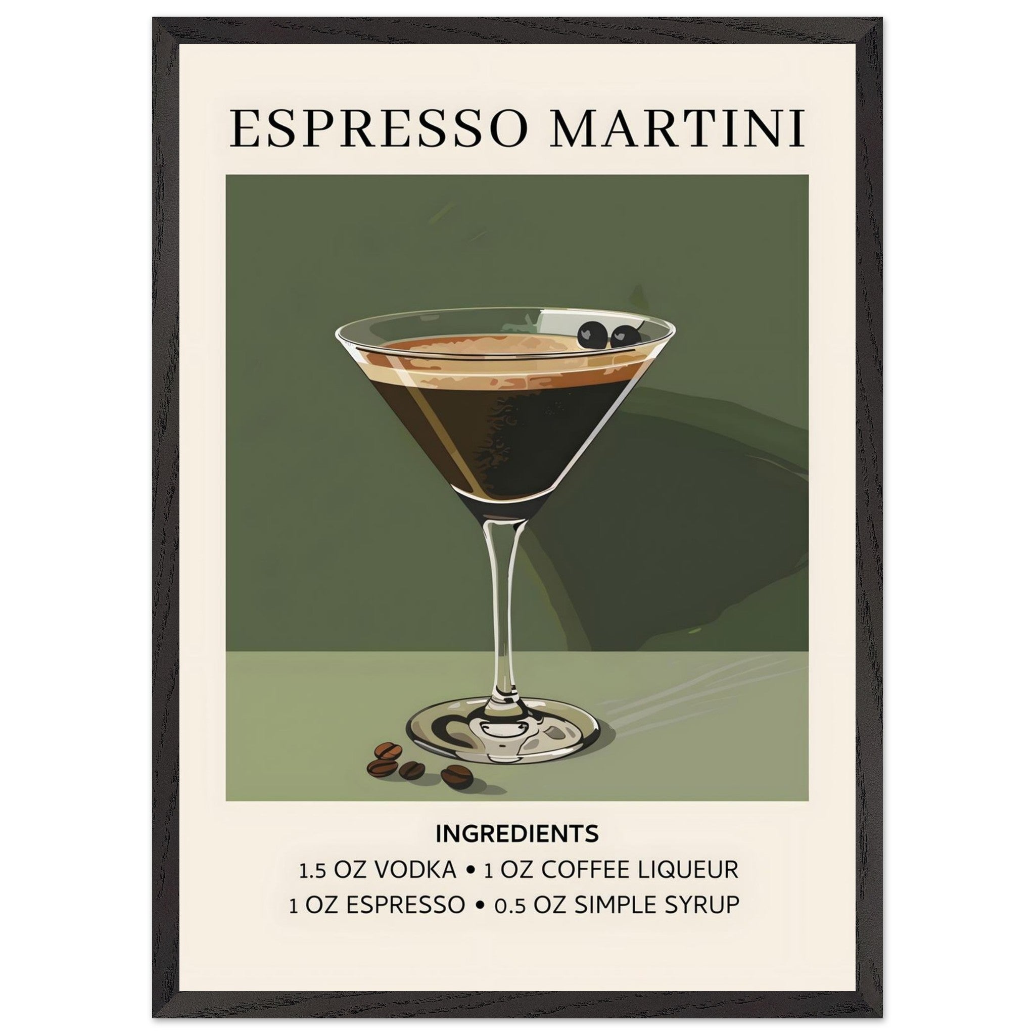 Artfulprints Poster met Lijst Espresso Martini cocktail - Ingrediënten  - 50x70 cm - Donkergroen