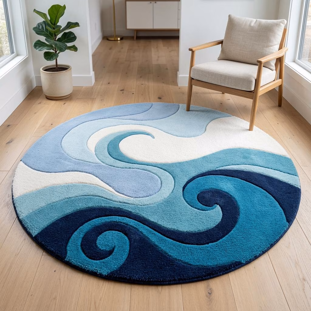 Blue Abstract Wave Rug, Round Ocean Area Rug, Modern Coastal Home Decor