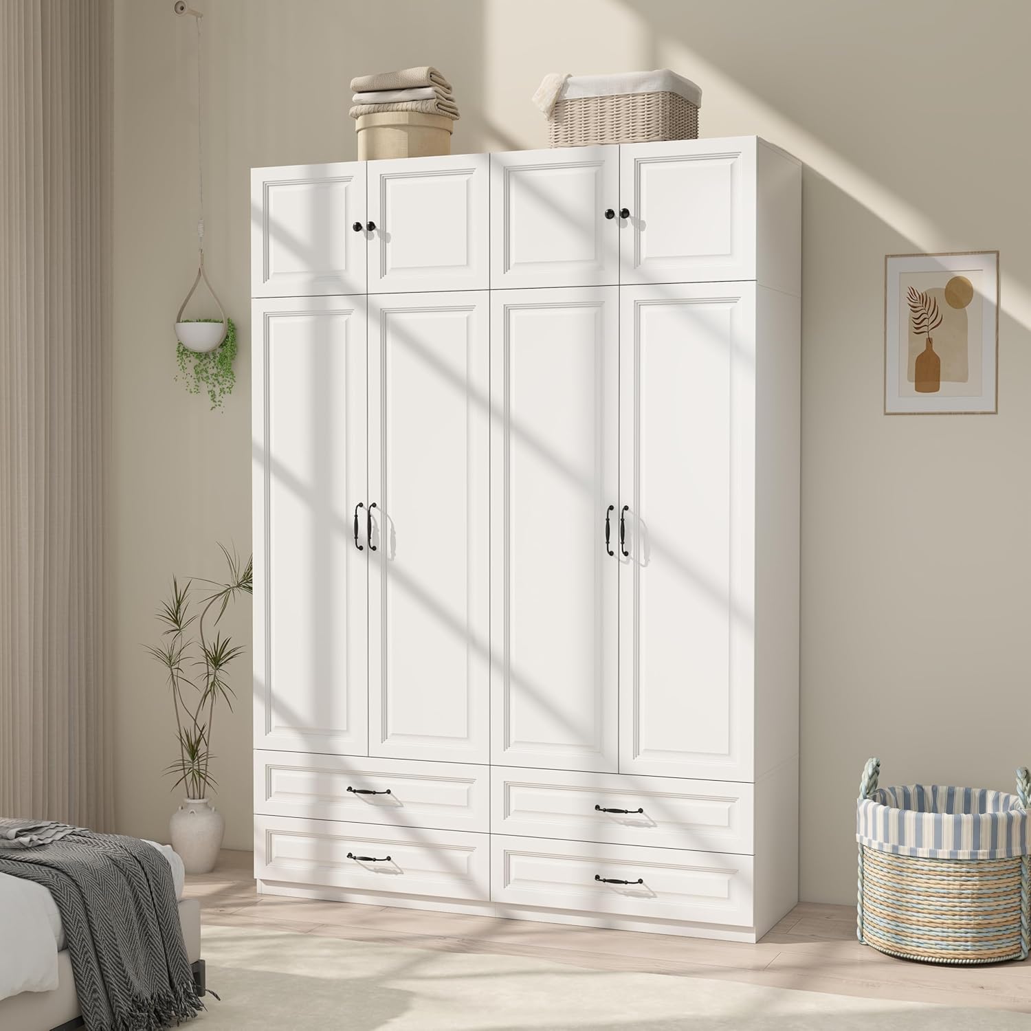 Armoire Wardrobe Closet with Doors: 89 Extra Tall White Wardrobe with Storage on Top, Bedroom Armoires with 4 Doors and 4 Drawers, Large Wood Closet Armoire for Hanging Clothes (B, 63)