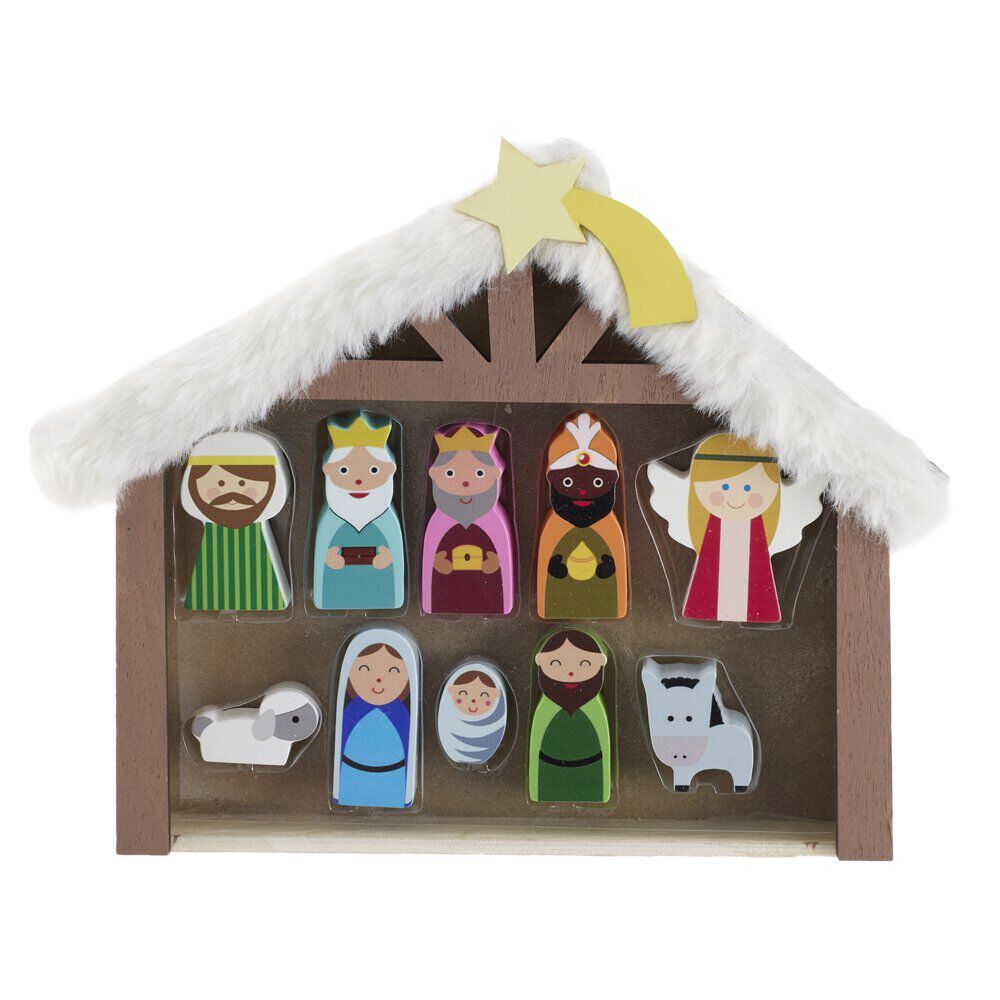 Crèche de No&euml;l naïve en bois avec 11 personnages 20xH25cm