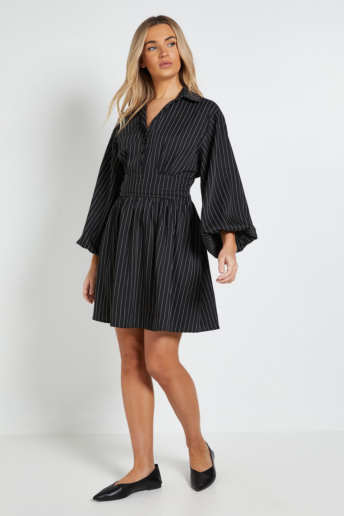 Dorothy Perkins Pinstripe Collar Detail Gathered Waist Mini Dress