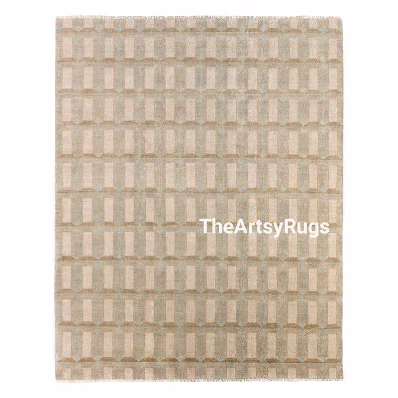 Hand Knotted Geometric Wool Area Rug, Beige Grey and Brown 10x14 Turkish Style Carpet Living Room Bedroom Hallway Decor Rugs Made to Order