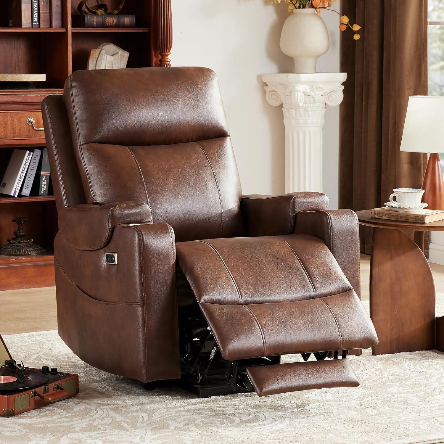 Triple Motor Power Lift Recliner Chair with Adjustable Lumbar Support, Lay Flat Recliner for Elderly, Breathable Brown Leather Recliner, Lift Chair Massage & Heating, USB Ports, Cup Holders
