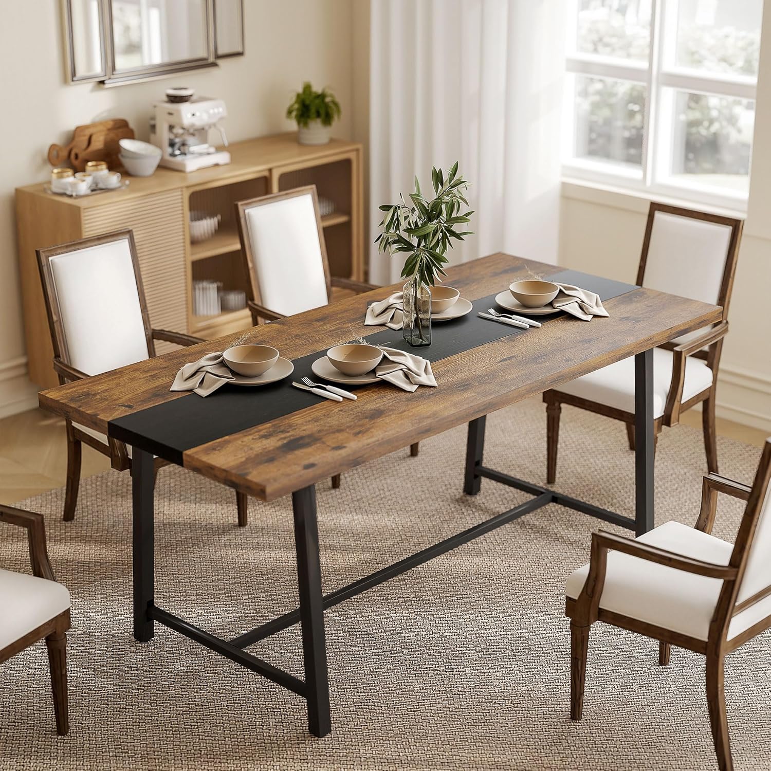 HOMCOM Industrial Dining Table for 8 People, 70.9 Long Rectangular Kitchen Table with Large Tabletop and Steel Legs for Dining Room, Rustic Brown