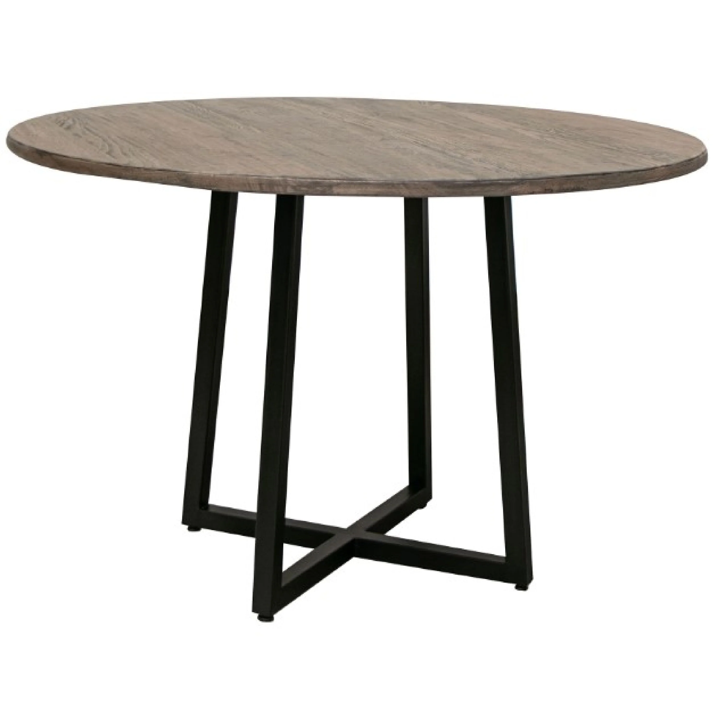 Piel Dining Table, 47 Inch Round Top, Brown Pine Wood, Black Metal
