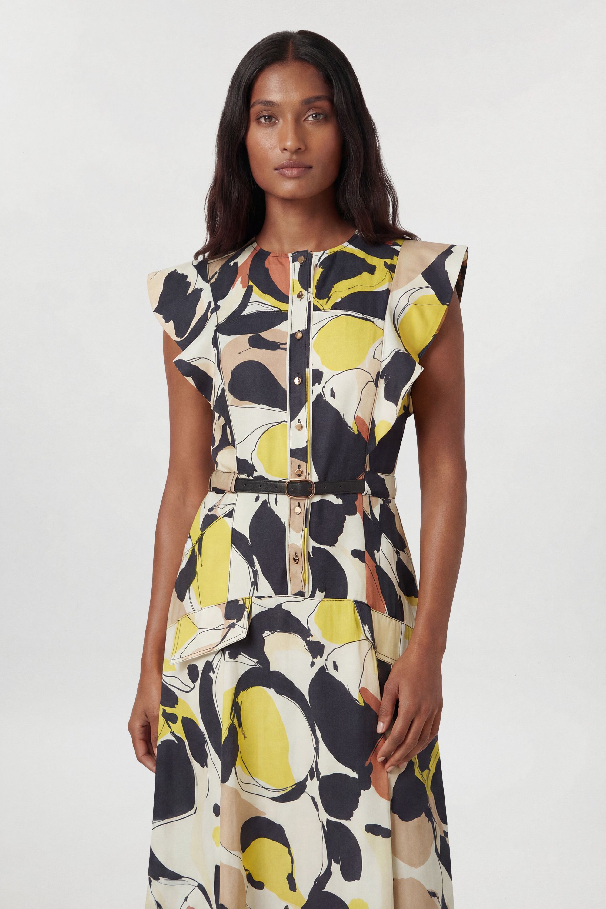 KarenMillen Abstract Print Viscose Linen Woven Ruffle Sleeve Midi Dress