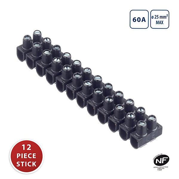 Borniers de raccordement en PP, TBS-60A-25mm2. Noir. Barrette de 12 borniers