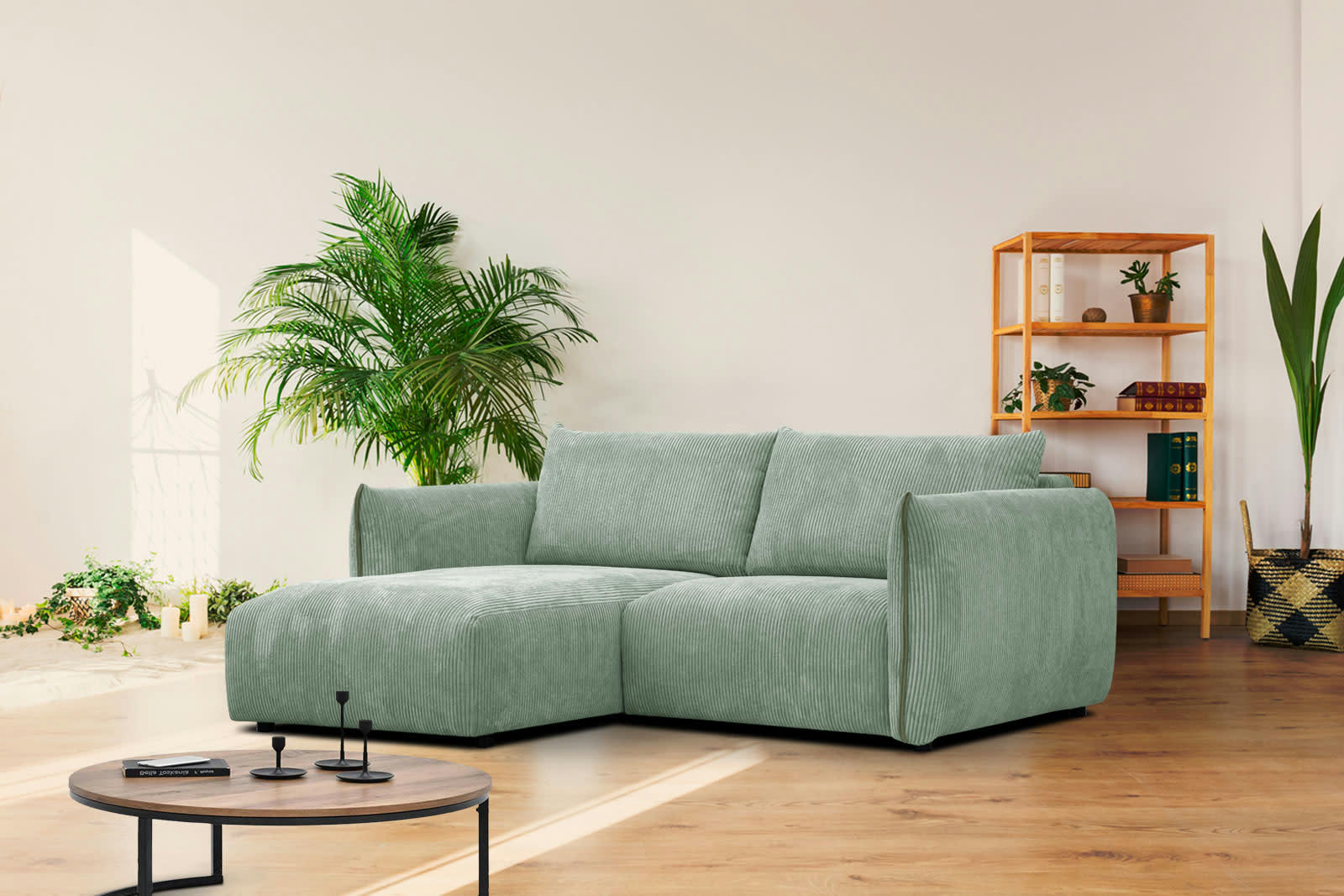 TAUER - Canapé d'angle gauche 3 places tissu vert clair