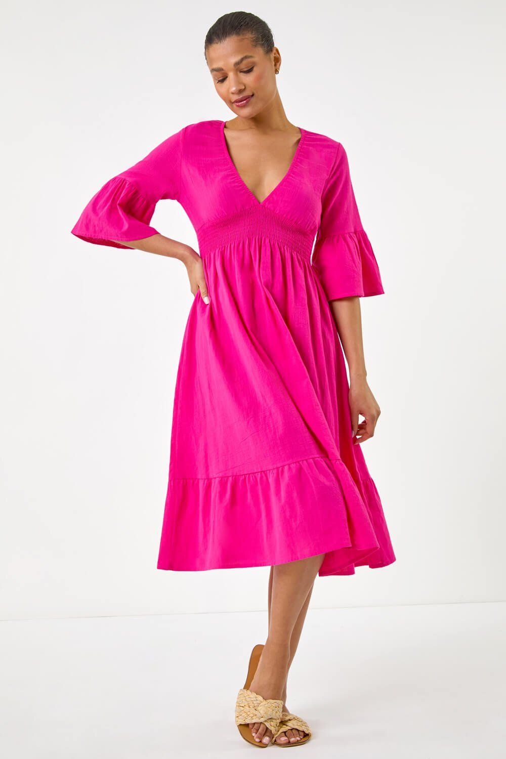 Roman Linen Look Shirred Midi Dress