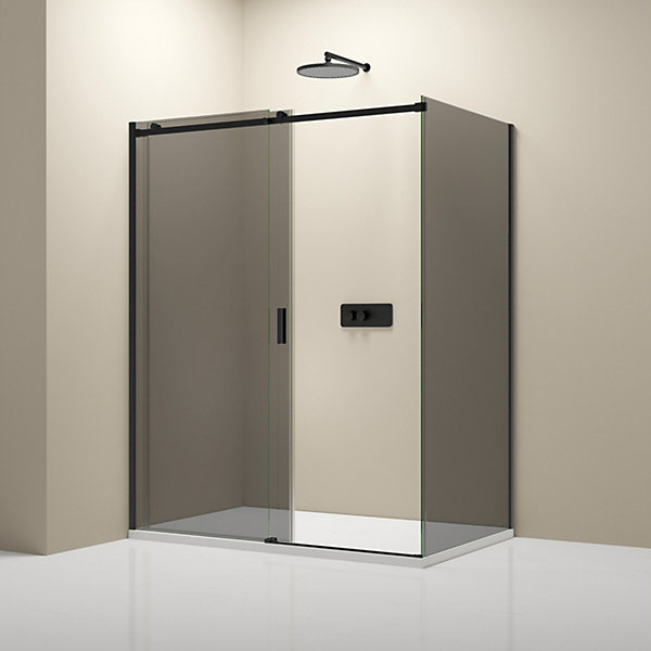 Cabine de douche d'angle, Verre fumé 6mm, porte coulissante, Profilé Noir mat - NT806 FLEX 100x90x195cm