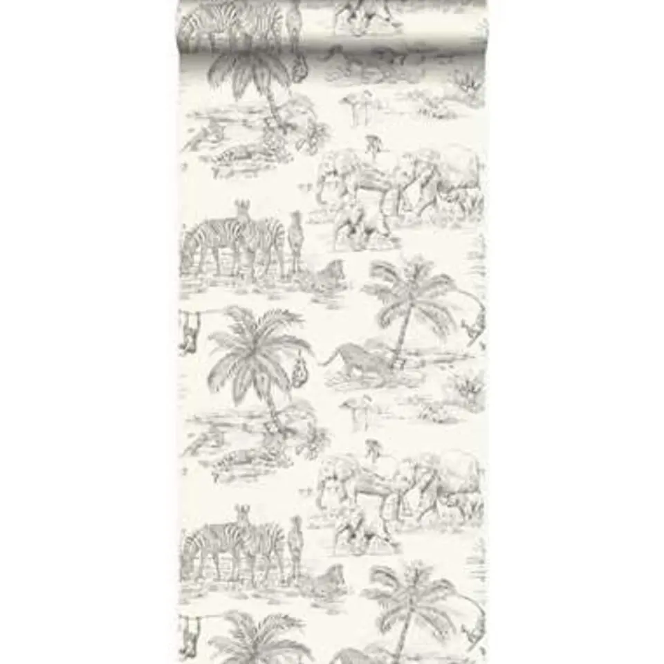 Origin behang - jungle-motief - ivoor wit en grijs - 53 cm x 10,05 m