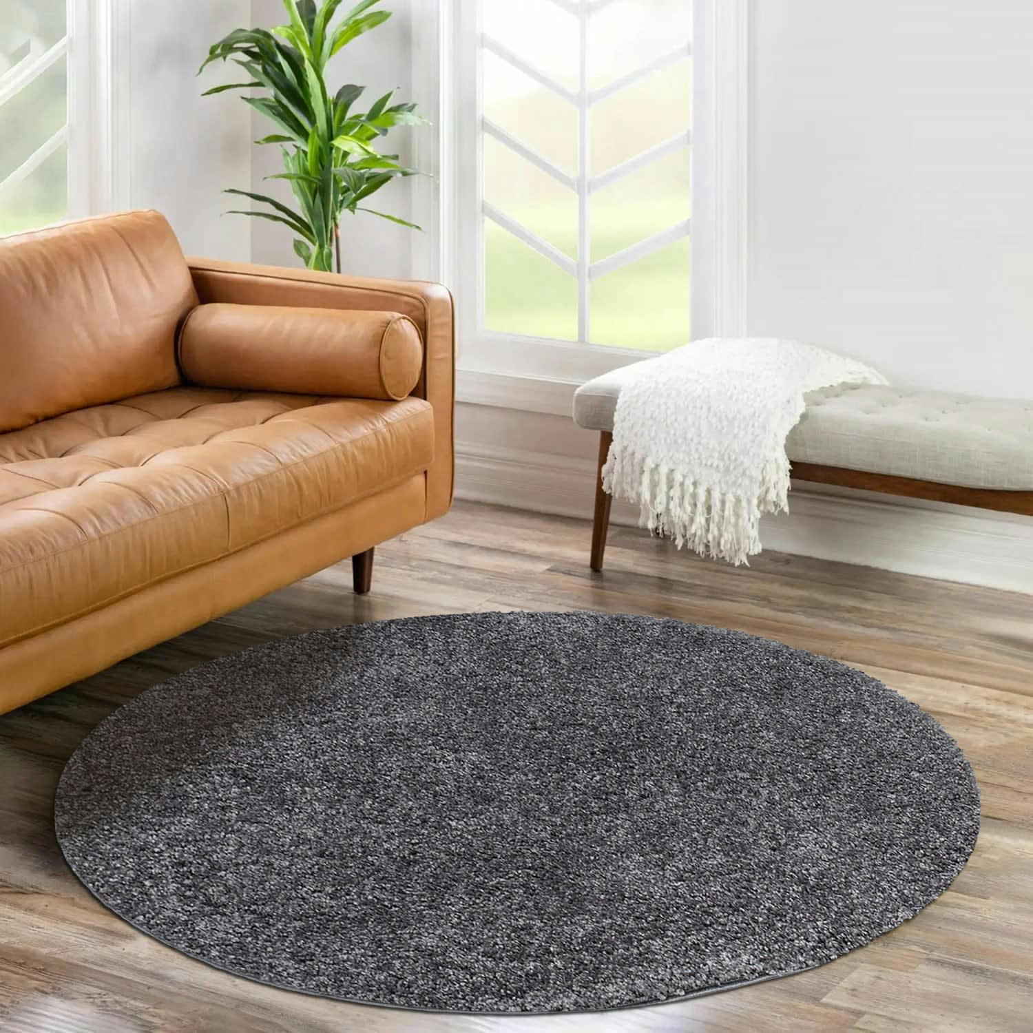 SOFTY - Tapis à poils longs rond SOFTY gris foncé 80x80cm