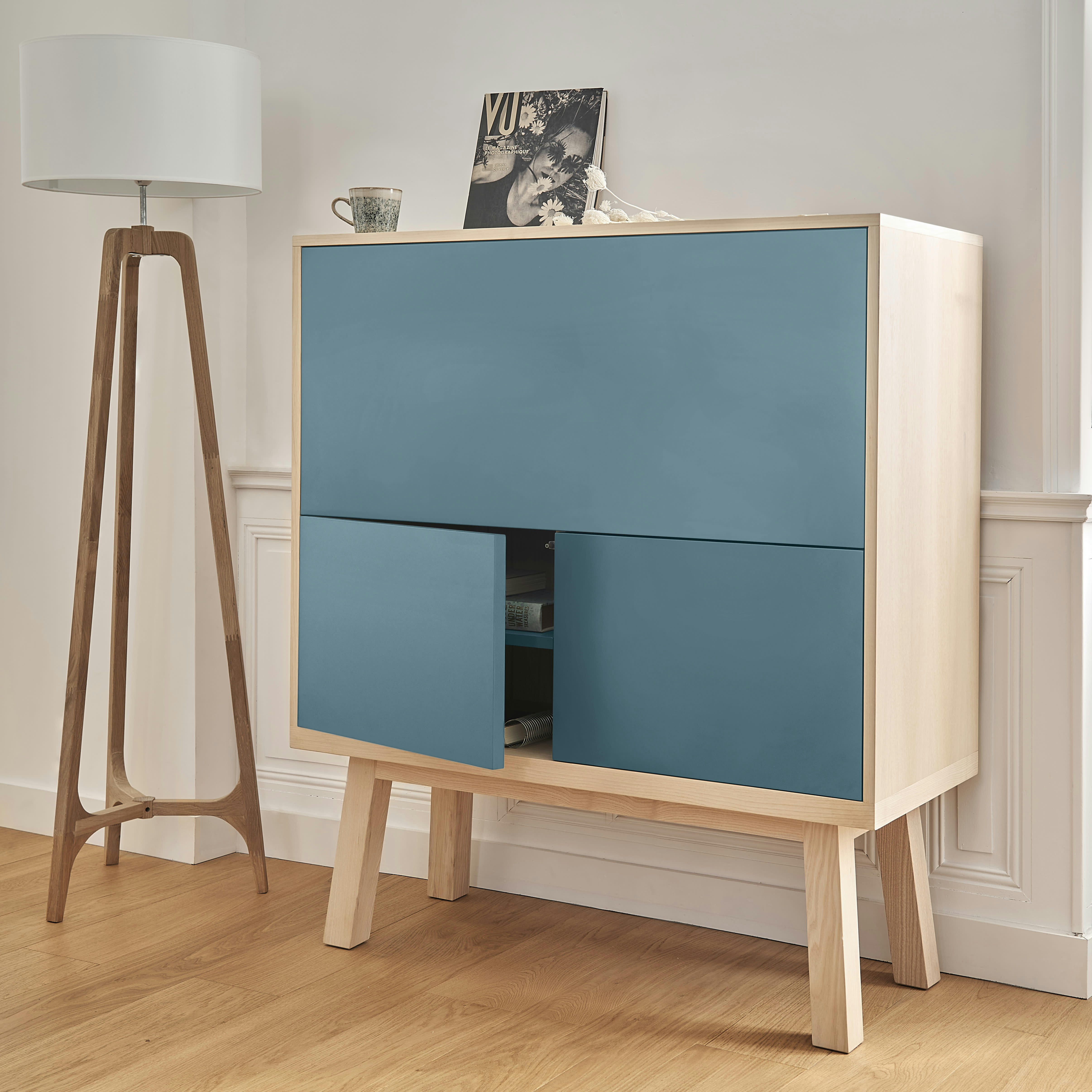 KUBE - Bureau secrétaire avec rangement, 120 cm de large, en frêne