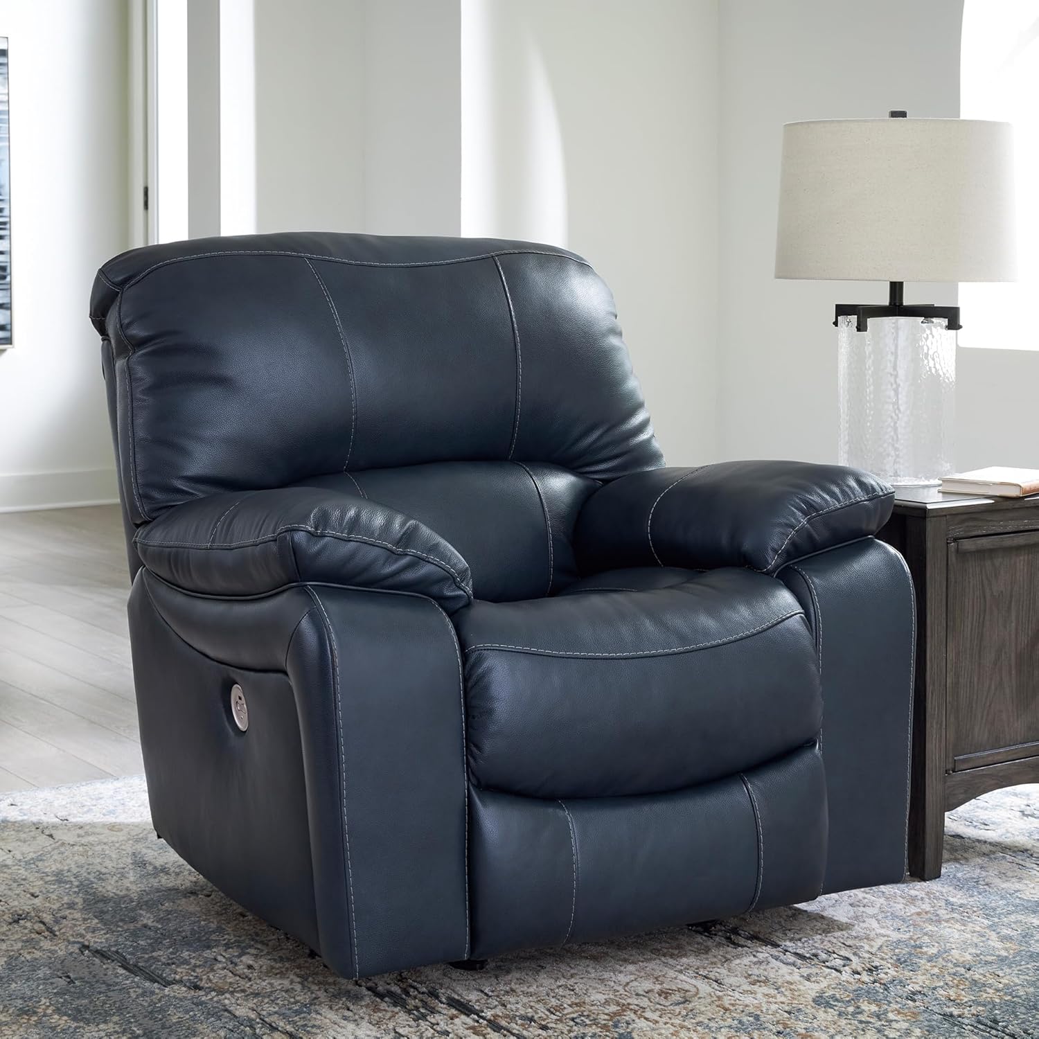 Signature Design By Ashley Leesworth Modern Power Rocker Recliner, USB Port, Gentle Rocking, Top Grain Leather and Matched Leather, 41 W x 41 D x 41 H, Blue