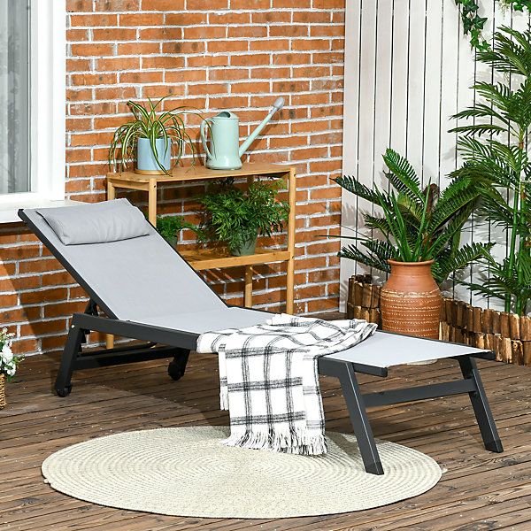 Bain de soleil transat inclinable 5 positions - tétière, 2 roulettes - alu. textilène gris