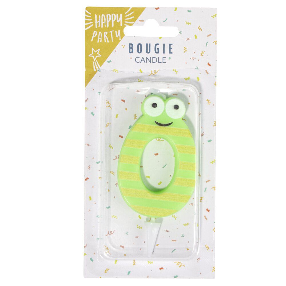 Bougie chiffre 0 cire personnage rayures vert et jaune H8,5cm