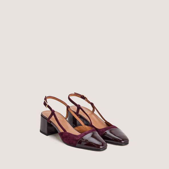 Slingbacks à petits talonsen vernis et velours bordeaux | DHAPOPY
