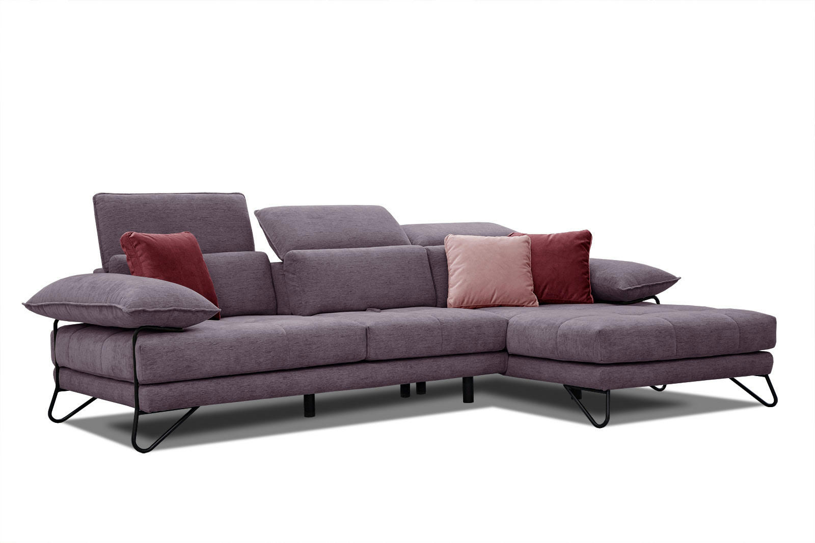 NORDEN - Canapé d'angle droit 4 places en tissu violet avec coussins déco