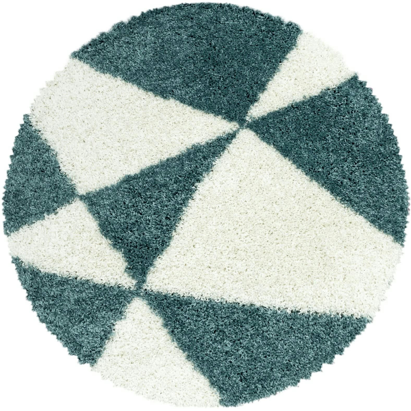 TRIANGLE - Tapis rond à poils longs géométrique turquoise et blanc 120x120cm