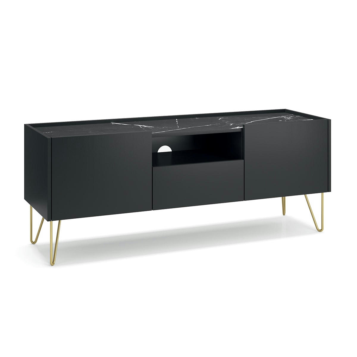 - Meuble tv 2 portes 1 tiroir 144 cm noir et marbre