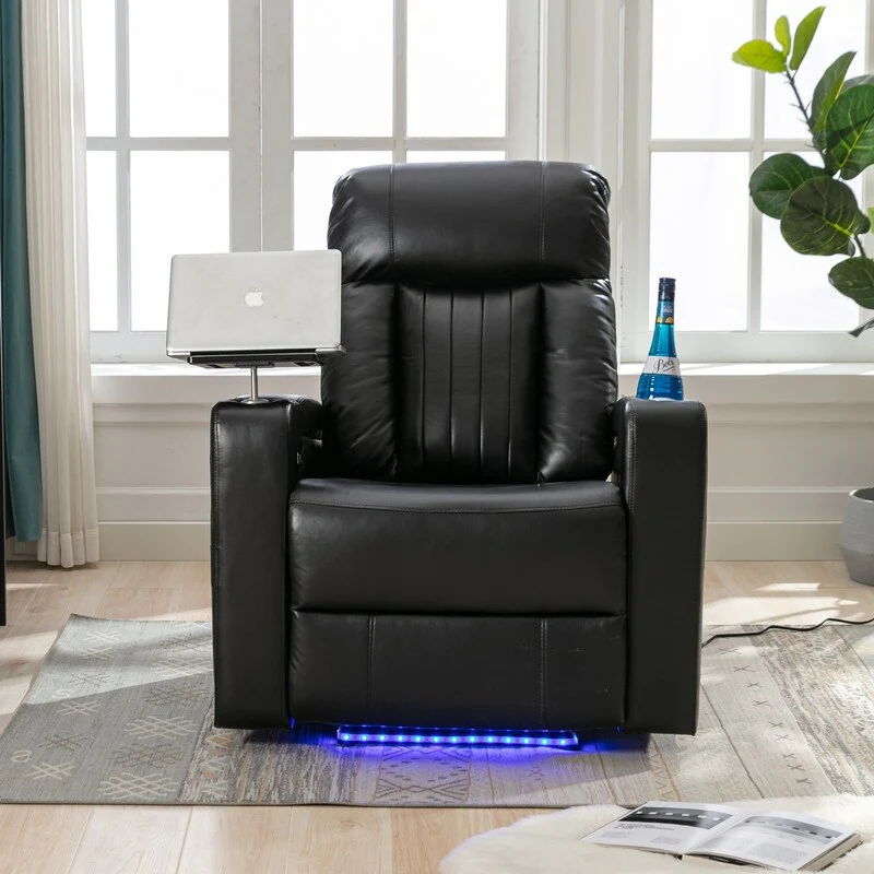 Power Motion Recliner with Hidden Arm Storage, LED Light Strip, 2 Cup Holders, 360 Swivel Tray Table and Cell Phone Holder