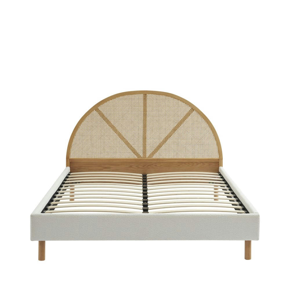 TAJUR - Lit en tissu bouclette et cannage 160x200cm ecru