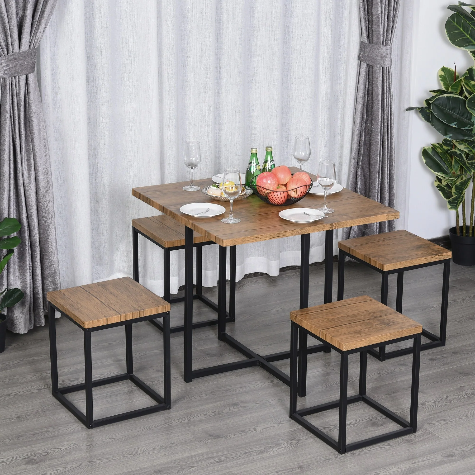 HOMCOM 5 Piece Dining Room Table Chair Set Square Board Steel Space Saving with Stools, Walnut Wood Color