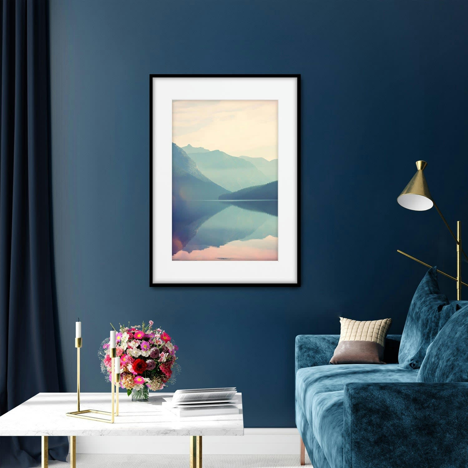 MONTAÑA - Affiche avec cadre noir - Coucher de soleil sur le lac - 30x40