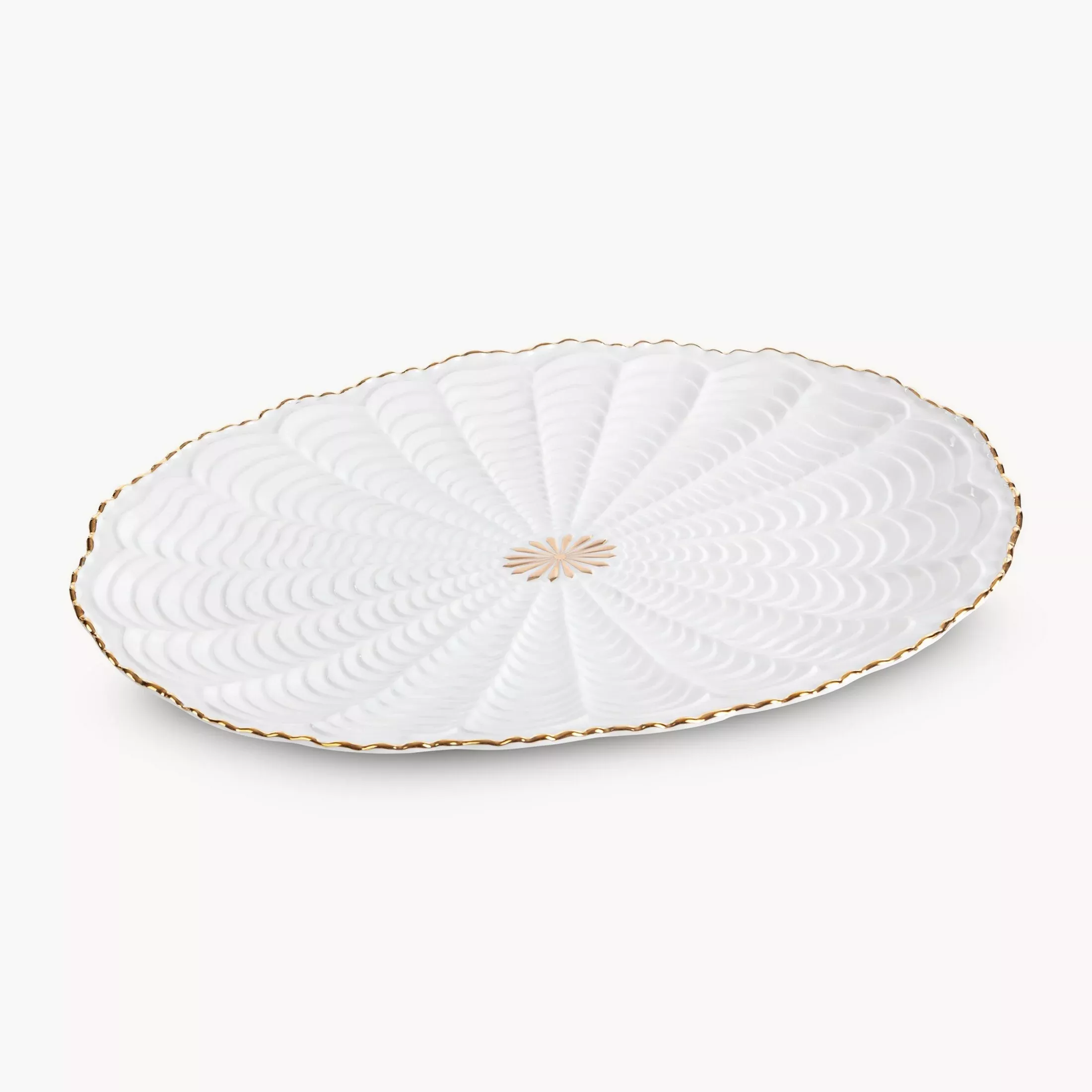 Patera ceramicznadekoracyjna kremowo-złota z wypukłym wzorem i złotymi akcentami 36x25x2 cm GAIA