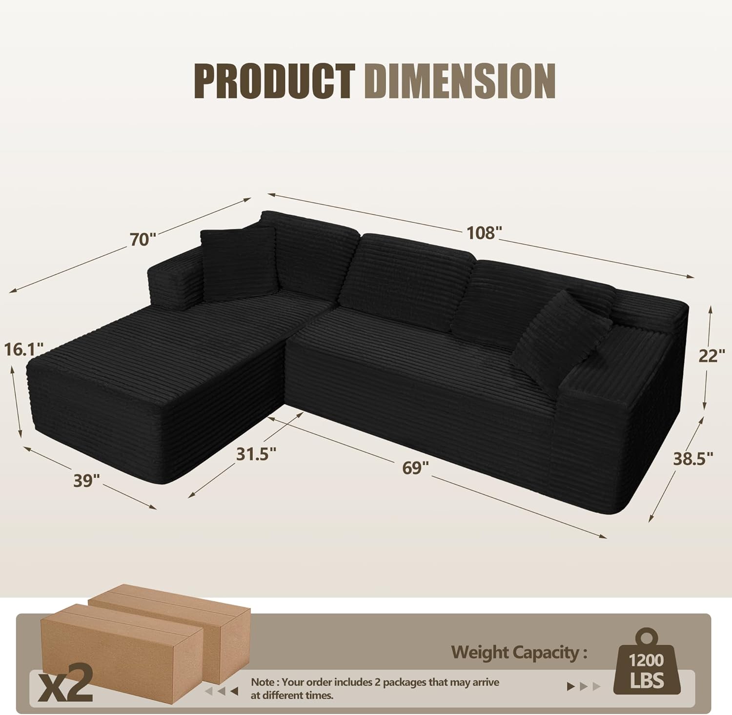 Bashaw 108 Cloud Sectional Couch Sofa with L-Shape Chaise, Modern Modular Sofa Couch Upholstered Couches for Living Room Bedroom, No Assembly Required (Black, L Shape)
